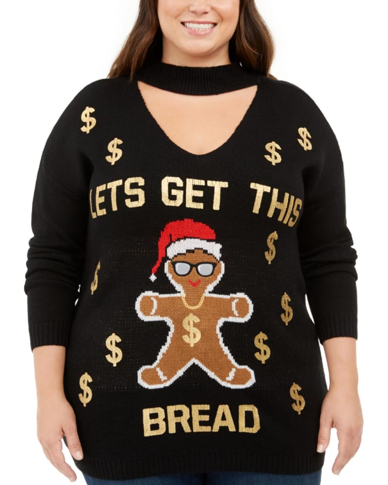 Front of a model wearing a size 2X Ultra Flirt Women's Trendy Plus Lets Get This Bread Choker Sweater Black Size 2X in Black by Ultra Flirt. | dia_product_style_image_id:314548